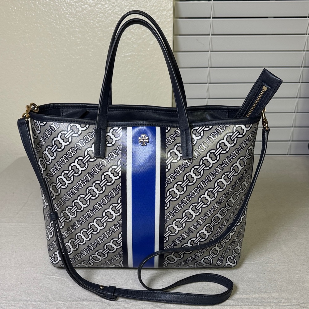 Tory Burch Gimini Link Canvas Satchel Navy Blue/ White Pattern Tote.